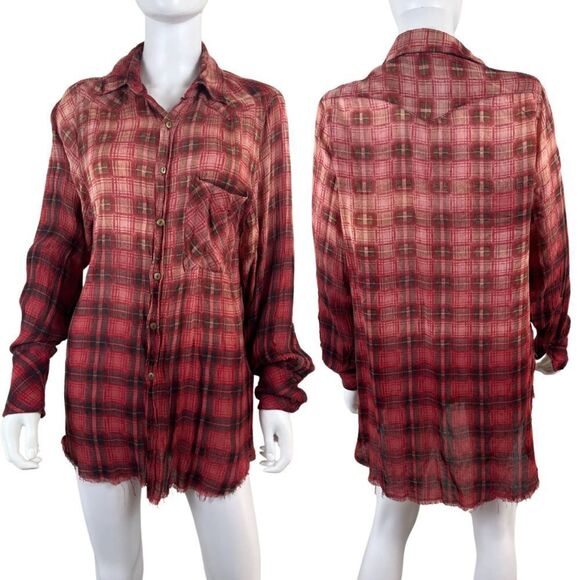 Free People Tops - Free People Womens Size XS Red Festival Plaid Distressed Button Up High Low Top